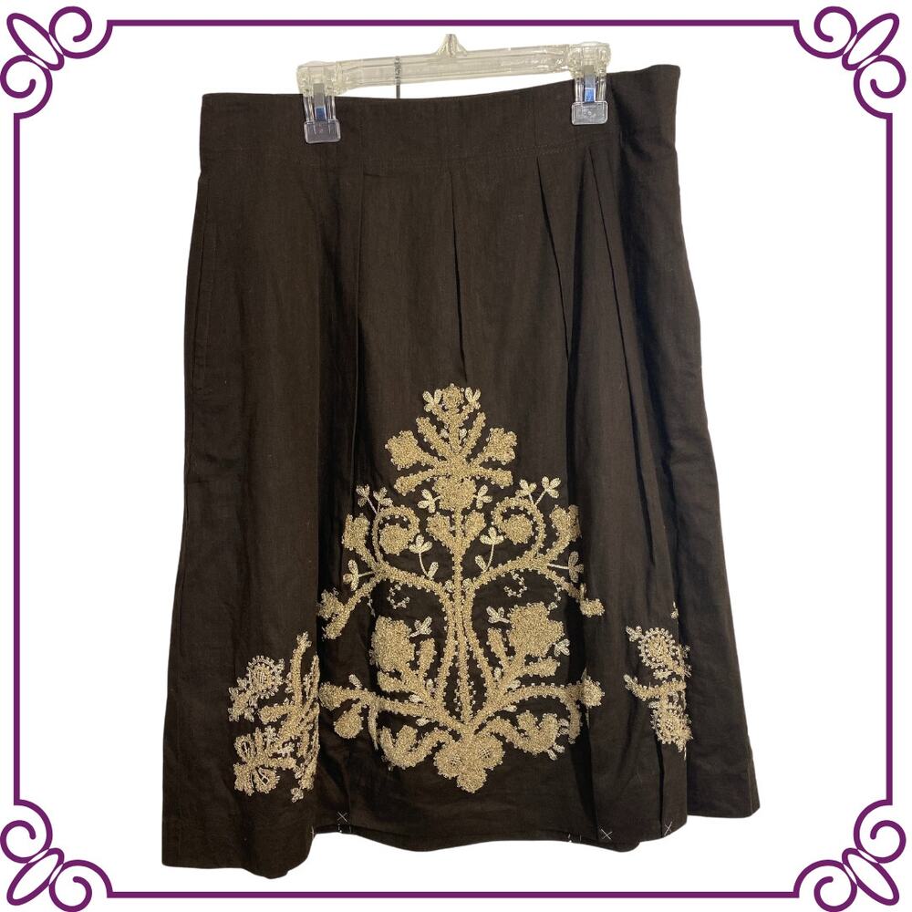 Ann Taylor Loft Skirt Brown Linen Blend Embroidered Floral Flared Boho Sz 4 NEW